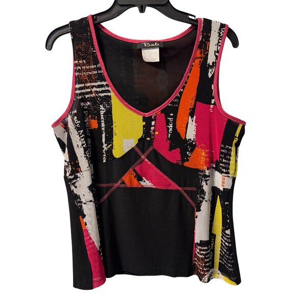 Bali Womens Abstract Print Sleeveless V-Neck Top With Pink Stitching Size L - Picture 1 of 12